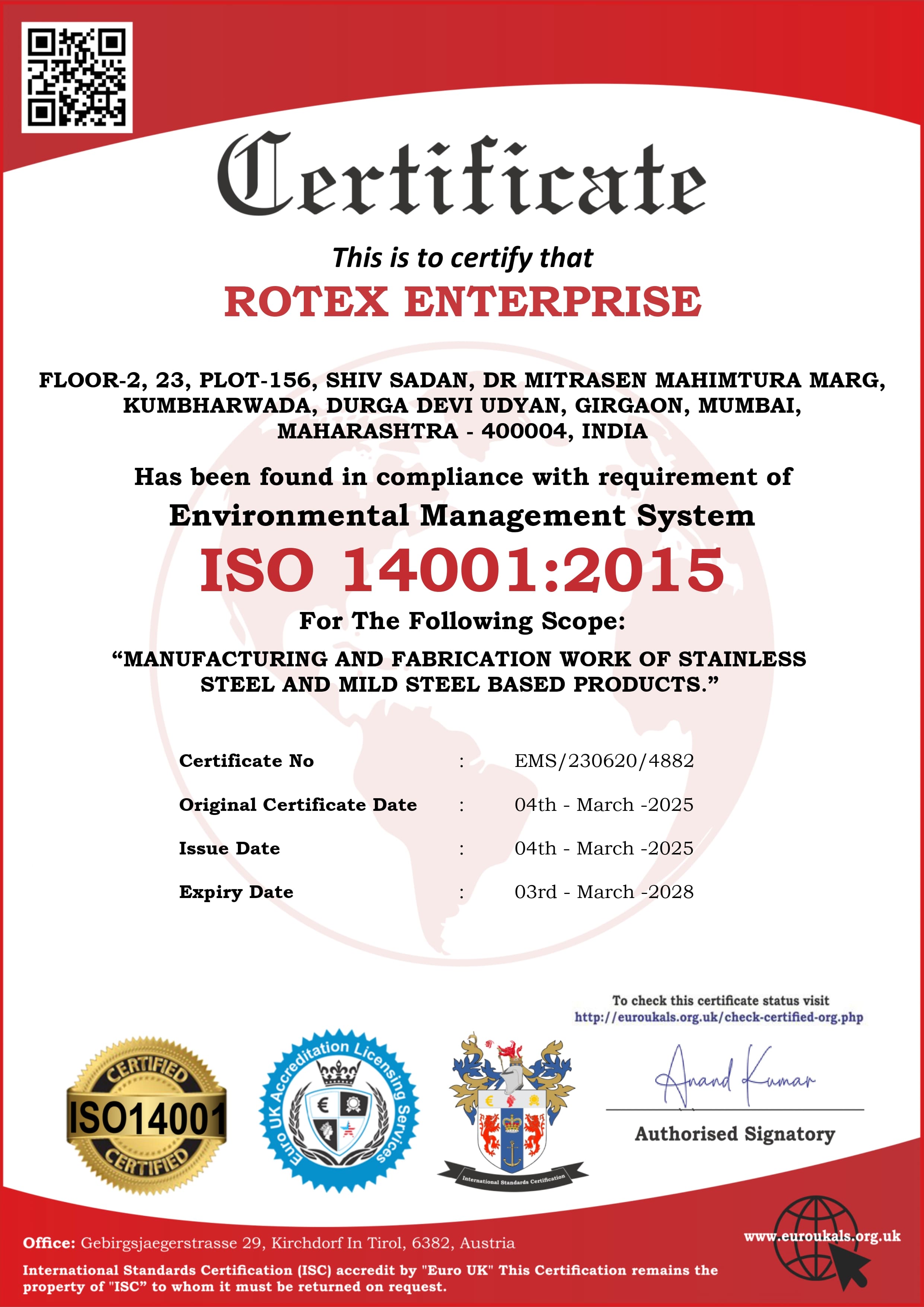 ISO 14001:2015 Certification - Rotex Enterprise