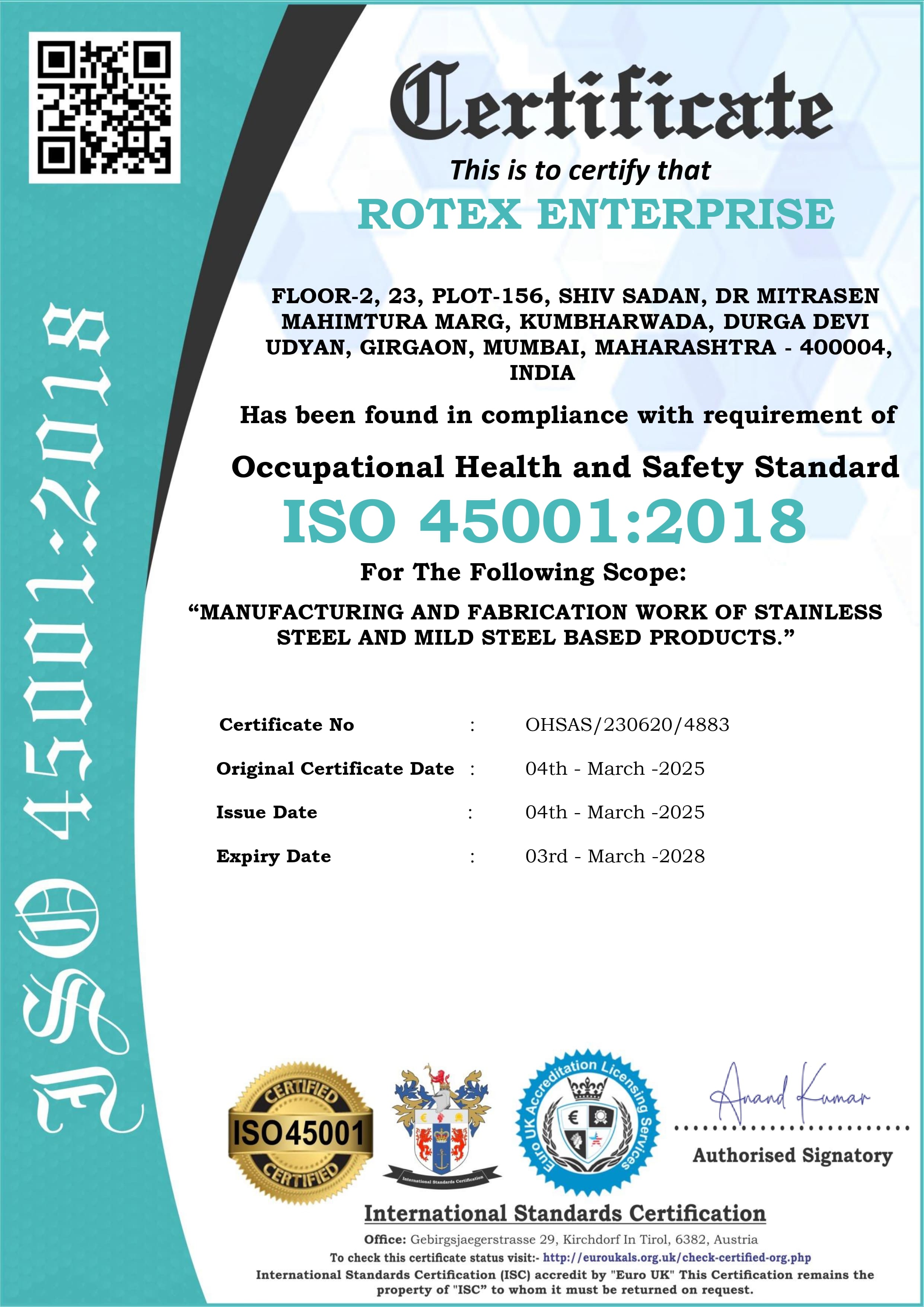 ISO 45001:2018 Certification - Rotex Enterprise