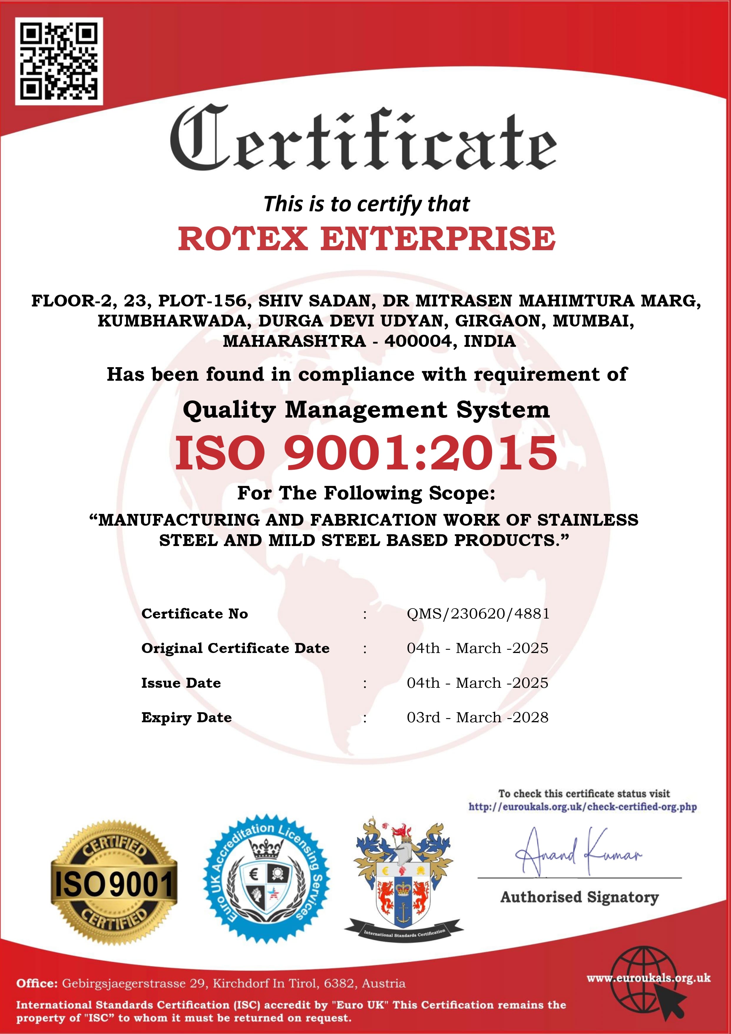 ISO 9001:2015 Certification - Rotex Enterprise